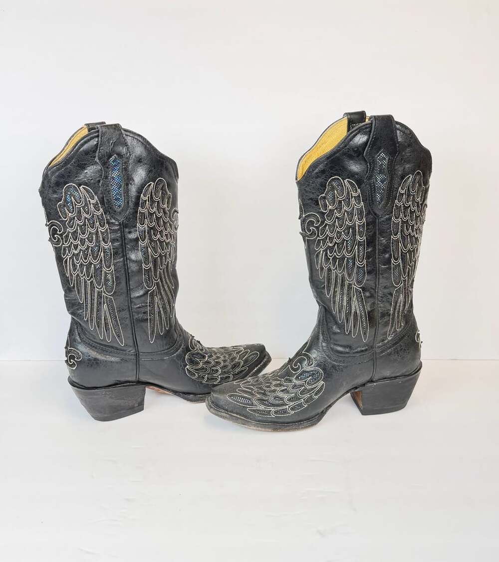 Jan Boot's Western Boots Size 7.5 Black Leather Wing Cross
